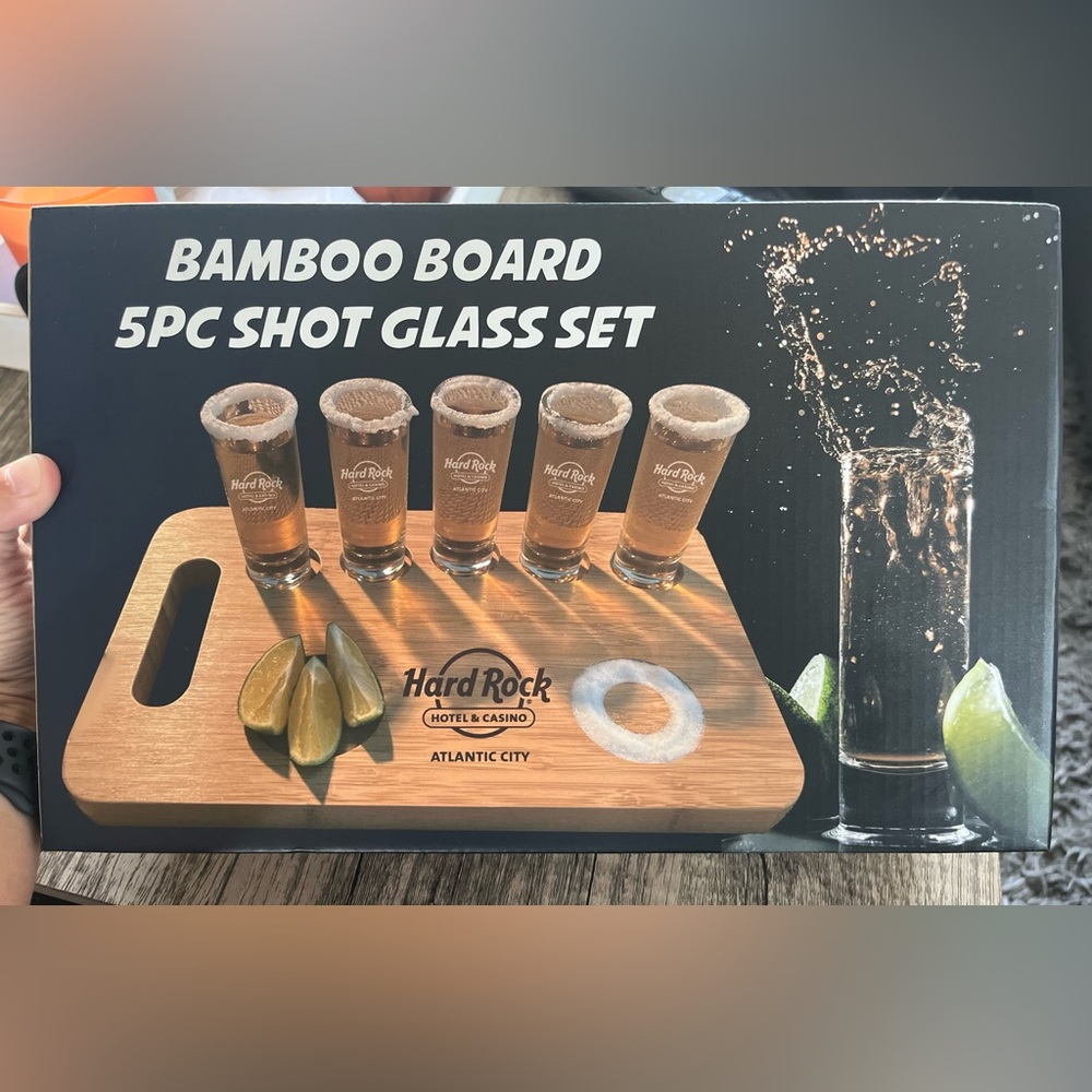 Hard Rock Casino & Hotel Atlantic City Bamboo Board 5pc Shot Glass Set